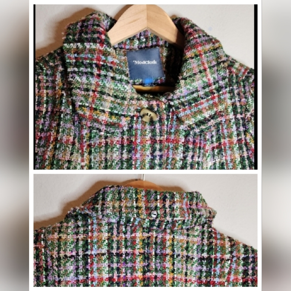 NWT Modcloth Multi Colored Tweed Flare Coat Removable Faux Fur Collar Small - Picture 7 of 16